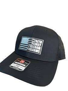 Richardson 112 trucker hat with Faith Family Freedom premium leatherette patch and adjustable snapback