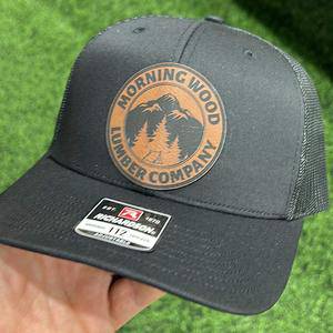 Morning Wood Hat with engraved Premium Leatherette Patch on a Richardson 112 Trucker Hat with adjustable snapback. - F5 Custom Designs