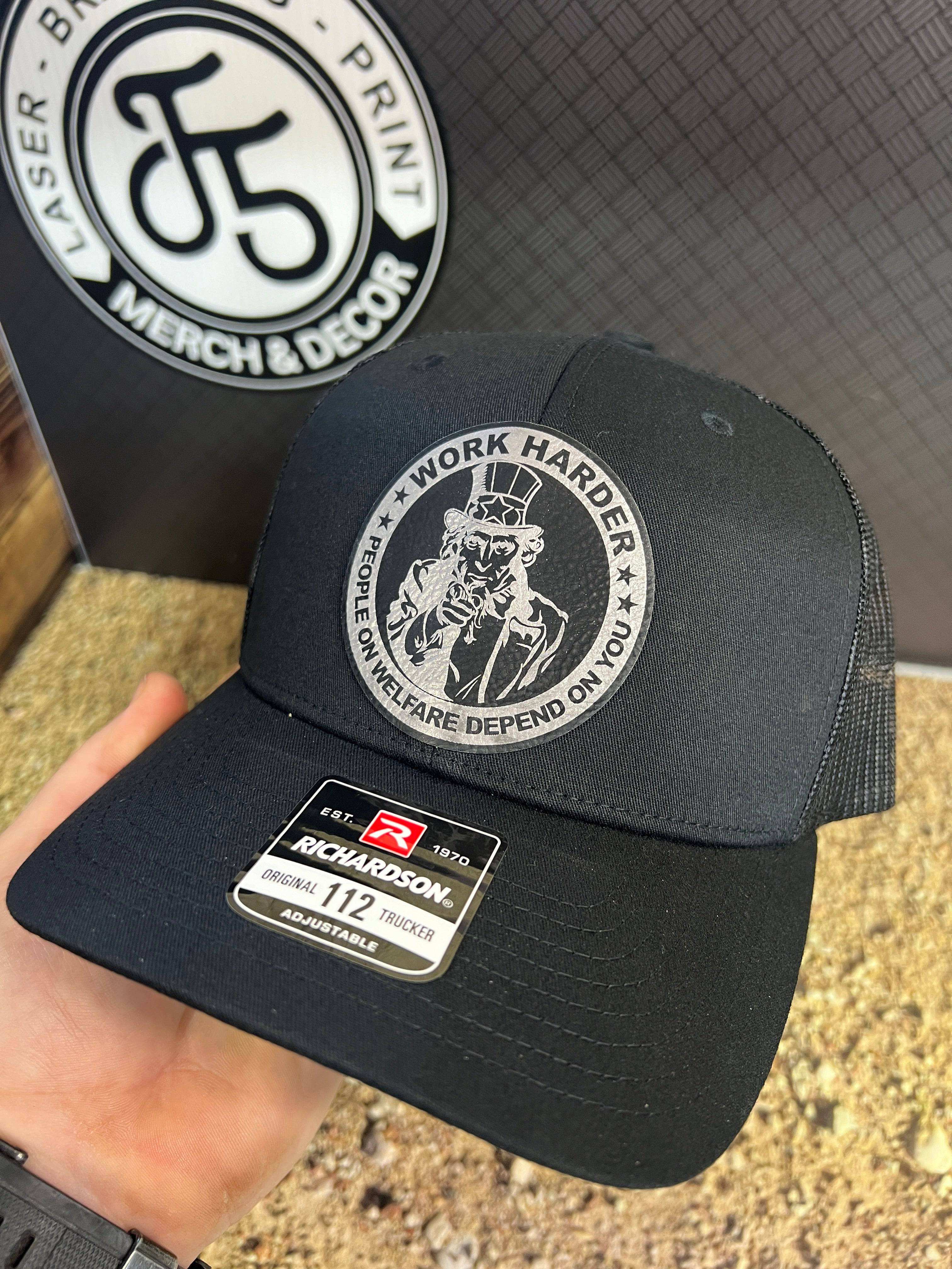 Work Harder Hat Design with leatherette patch on Richardson 112 trucker hat featuring eagle and flags for conservative Americans