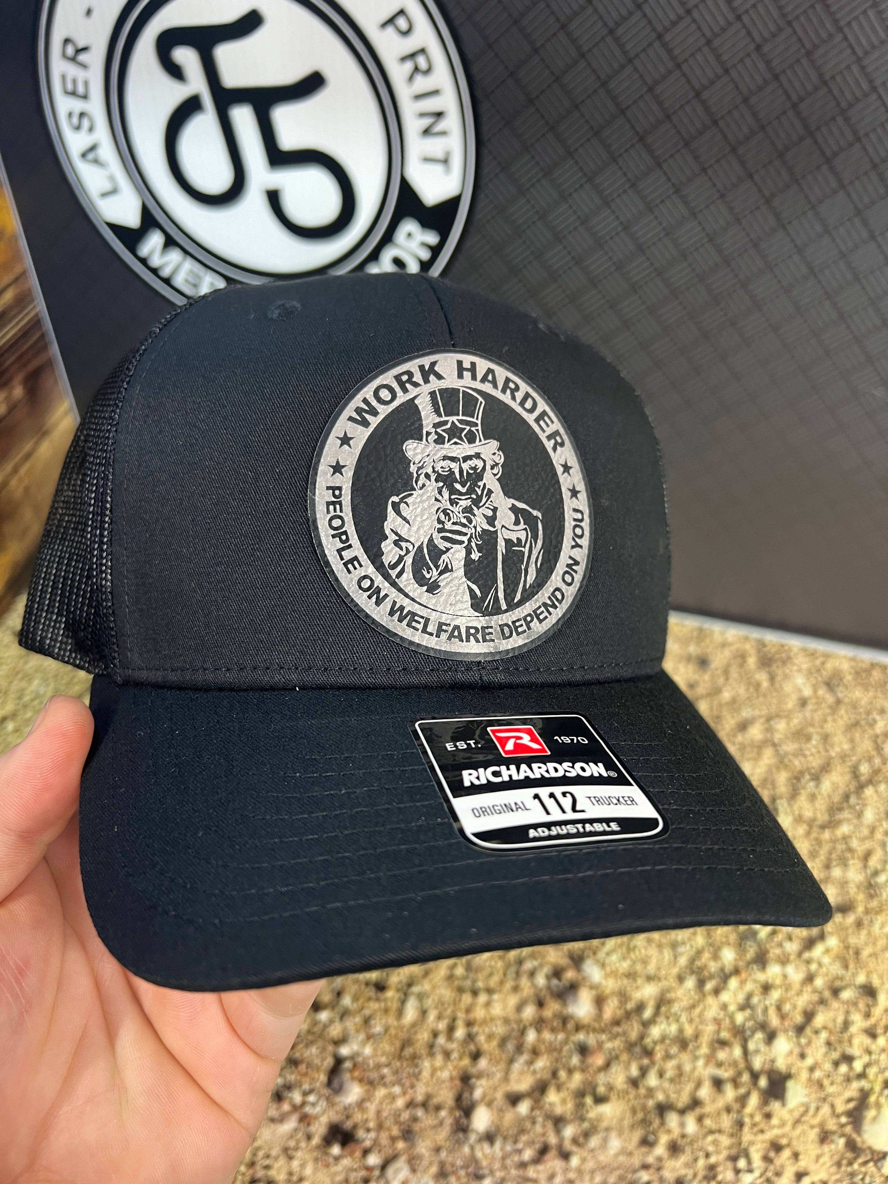 Work Harder Hat Design with a Premium Leatherette Patch on a Richardson 112 Trucker Hat for Conservative Americans. - F5 Custom Designs