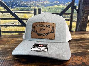 Show Me Your Rack Hat  with Premium Leatherette Patch on a Richardson 112 Trucker Custom Patch Hat - F5 Custom Designs