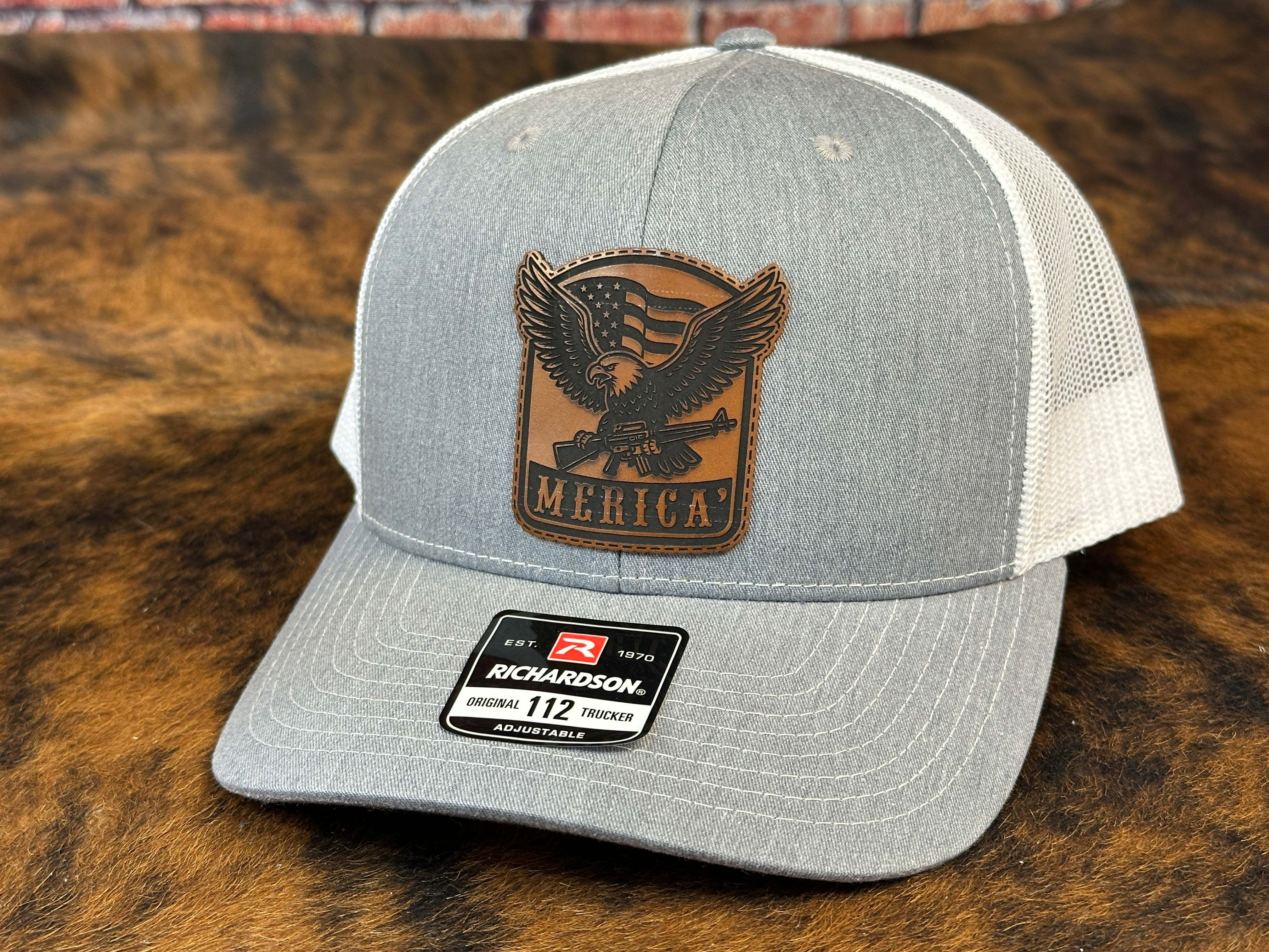 Custom Merica Hat with leather patch on Richardson 112 style cap for branding