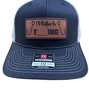 I’d Rather Be Fishing Hat with Engraved Premium Leatherette Patch on Richardson 112 Trucker Hat - F5 Custom Designs