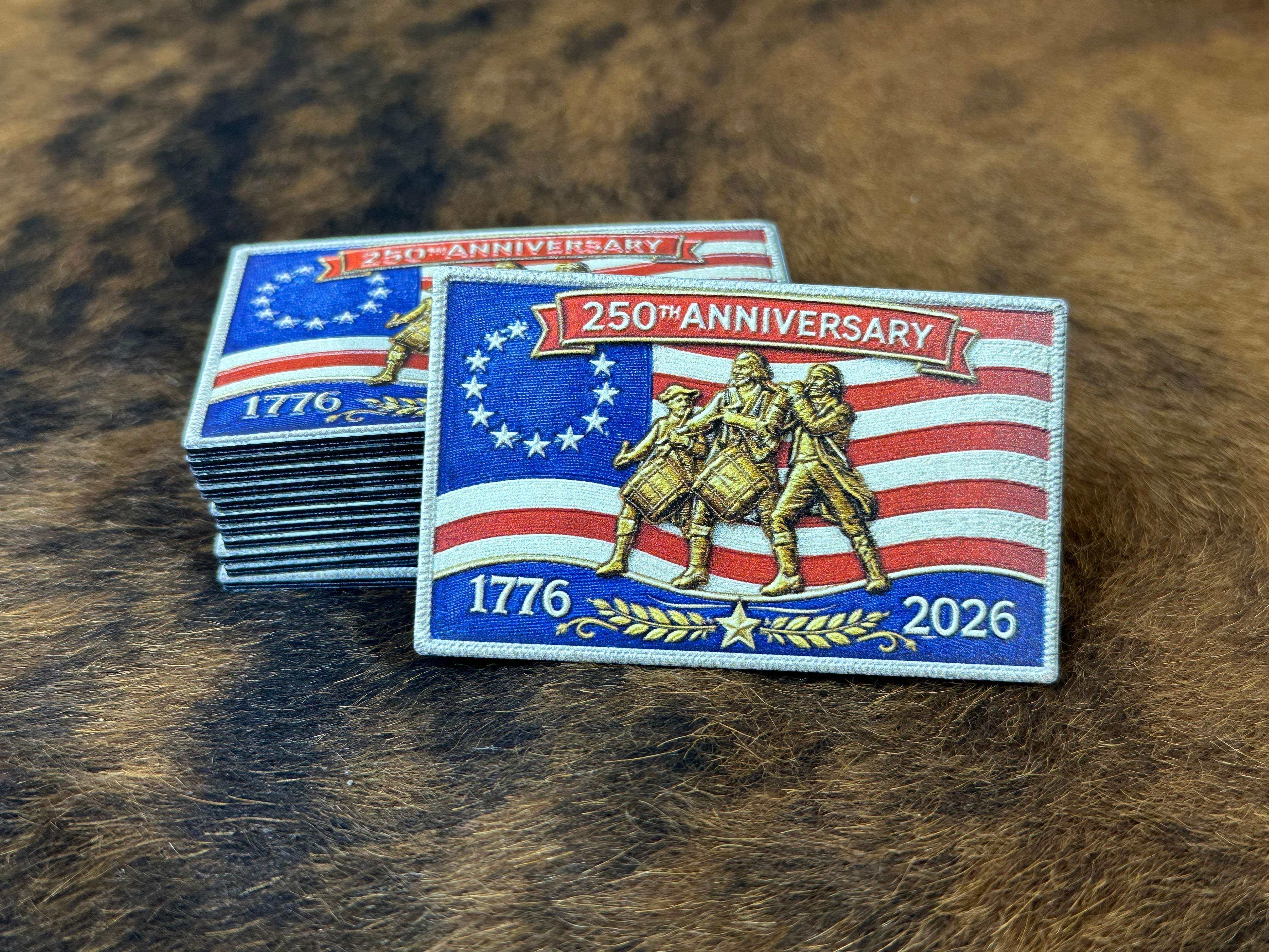 250th Anniversary is a Custom UV printed patches leatherette full color hat patches with Betsy Ross flag and 1776–2026 USA patriotic design