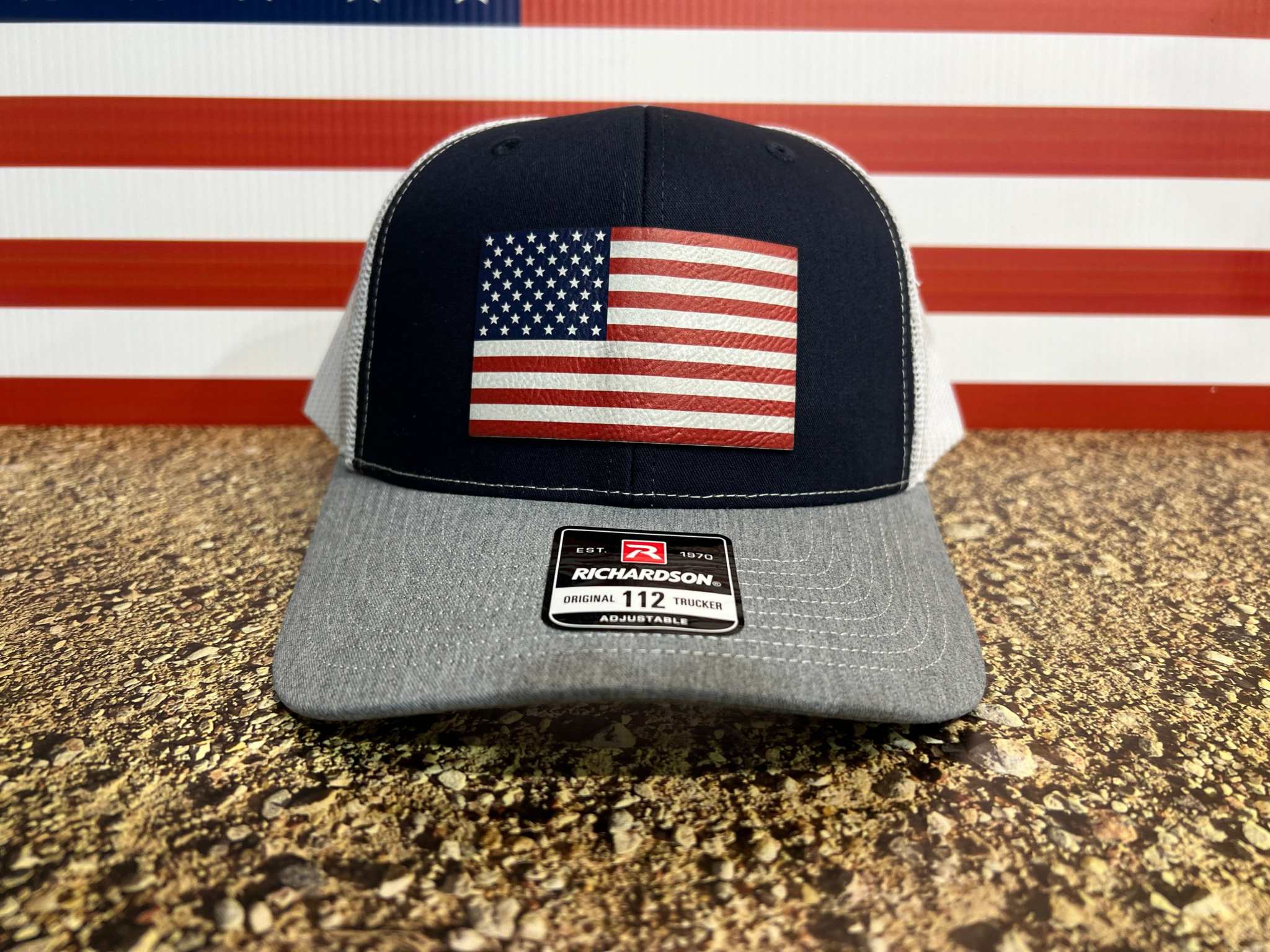 American Flag Hat UV Printed Premium Leatherette Patch on a Richardson 112 Trucker Hat. - F5 Custom Designs