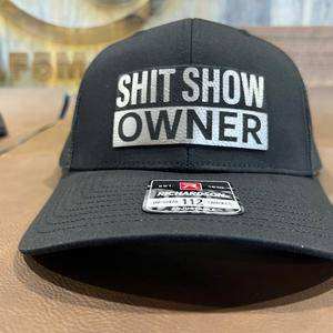 Sh t Show Owner Hat with leatherette patch on black Richardson 112 trucker cap