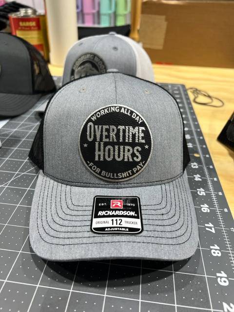 Overtime Hours Hat with Premium Patch on a Richardson 112 Trucker Hat - F5 Custom Designs
