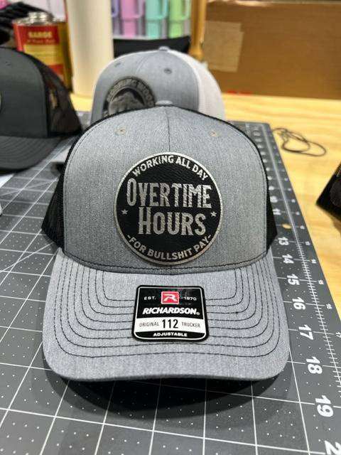Overtime Hours Hat with Premium Patch on a Richardson 112 Trucker Hat - F5 Custom Designs