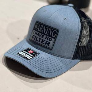 Warning No Filter Hat with Custom Patch on a Richardson 112 Trucker Hat - F5 Custom Designs