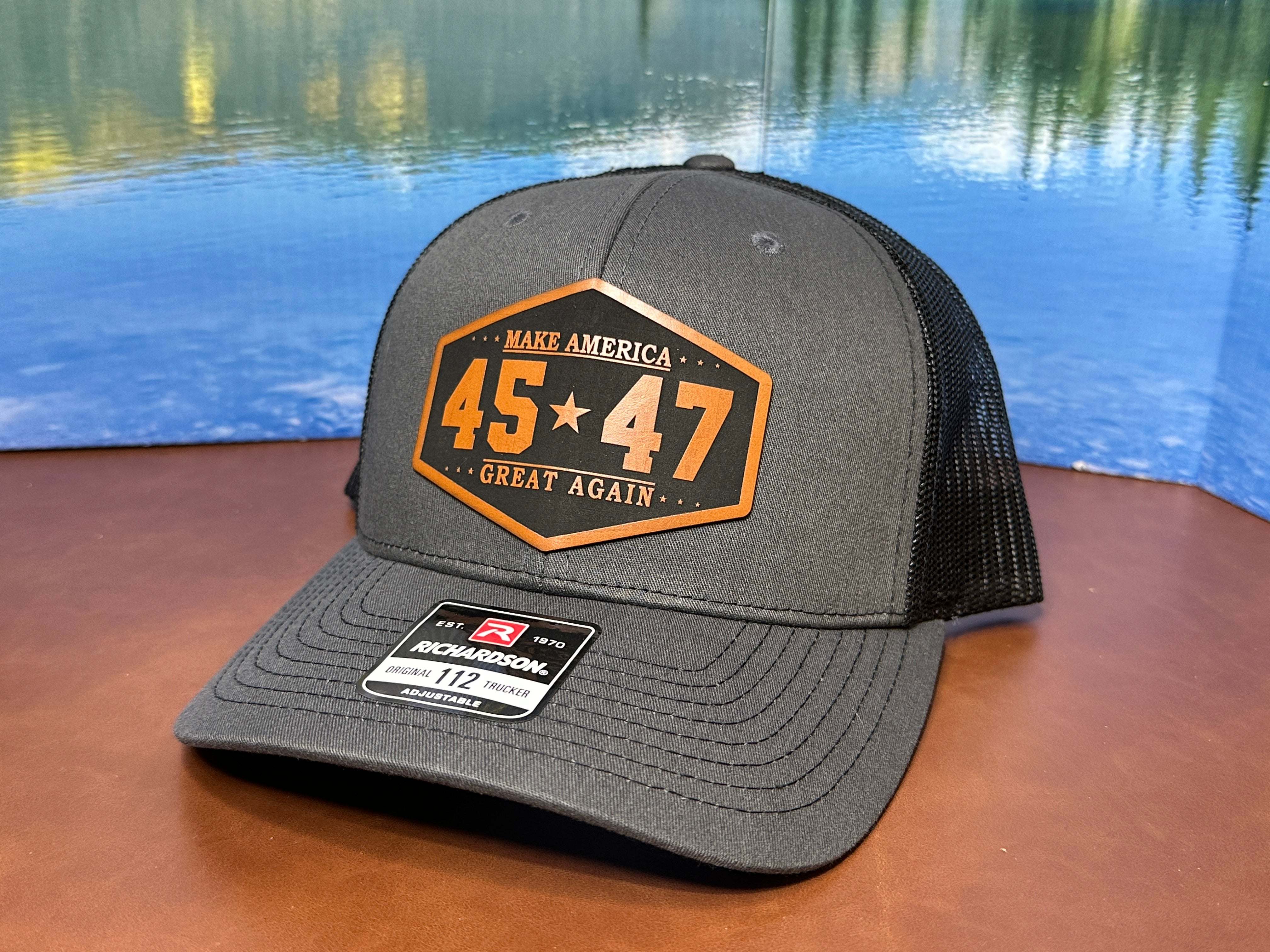 Trump 45 47 Patch Hat with premium leatherette patch on Richardson 112 trucker hat