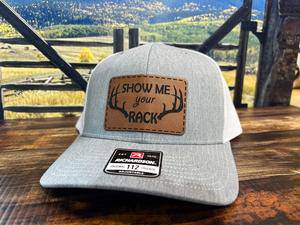 Show Me Your Rack Hat with Premium Leatherette Patch on a Richardson 112 Trucker Custom Patch Hat - F5 Custom Designs