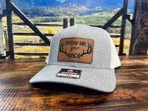 Show Me Your Rack Hat with Premium Leatherette Patch on a Richardson 112 Trucker Custom Patch Hat - F5 Custom Designs
