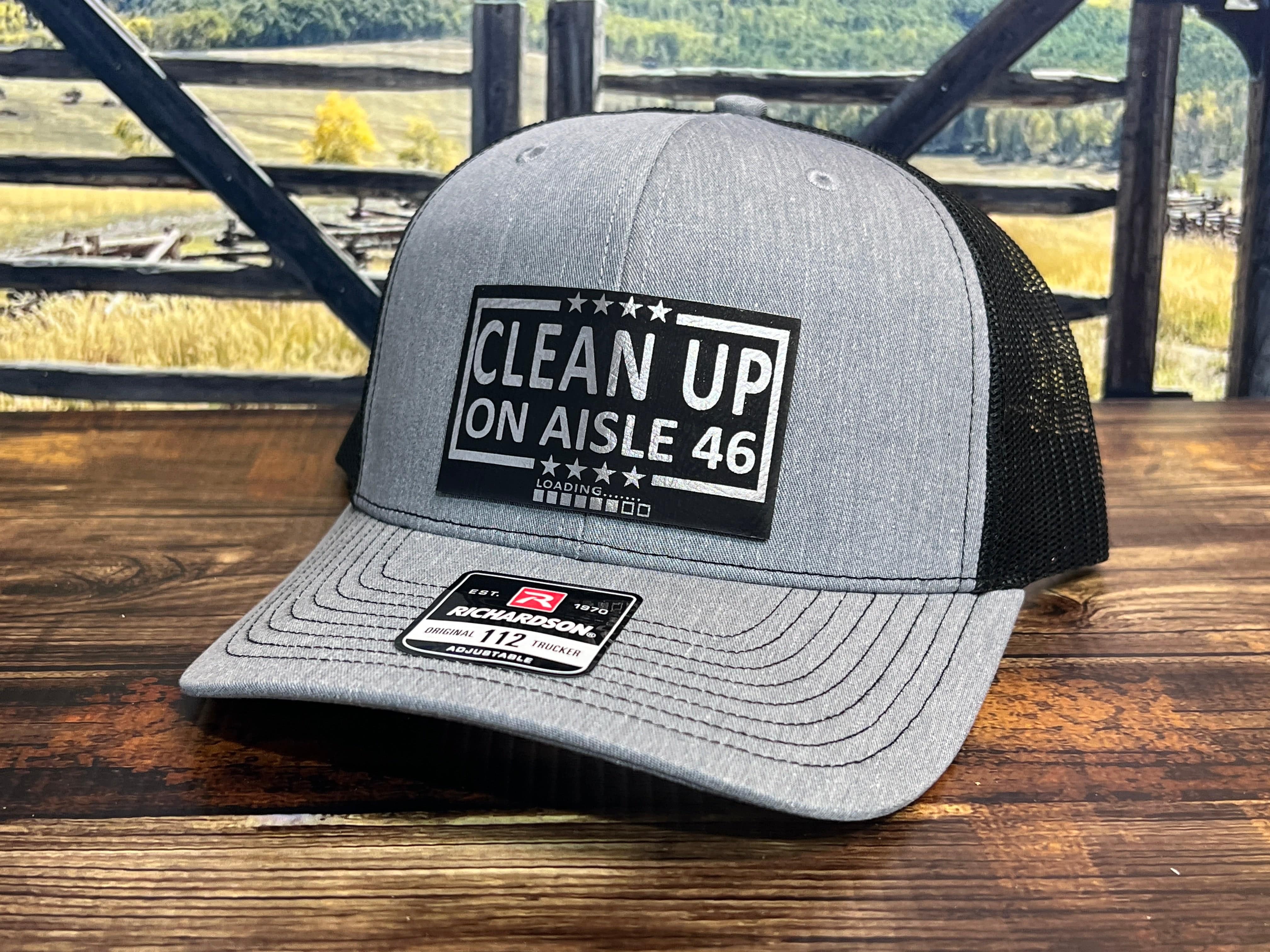 Cleanup On Aisle 46 Hat Premium Leatherette Patch on Richardson 112 Trucker Hat - F5 Custom Designs