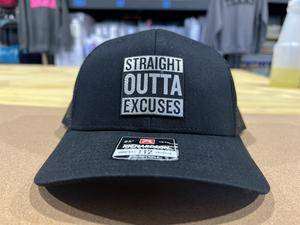 Straight Outta Excuses leatherette patch on Richardson 112 trucker baseball cap
