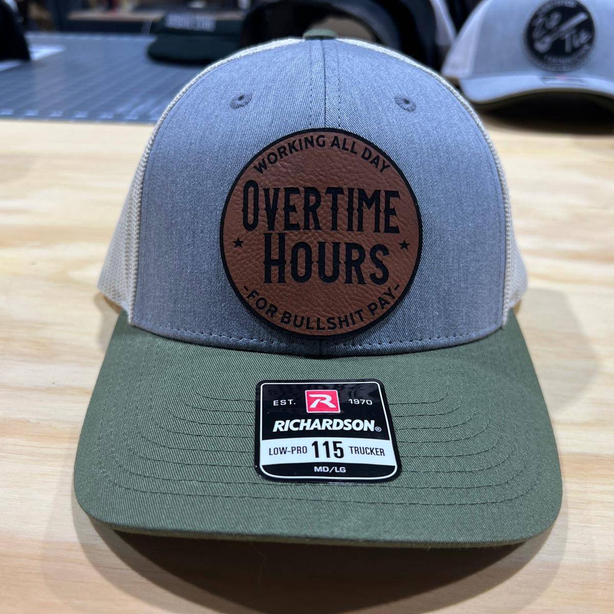Overtime Hours Hat with Premium Patch on a Richardson 112 Trucker Hat - F5 Custom Designs