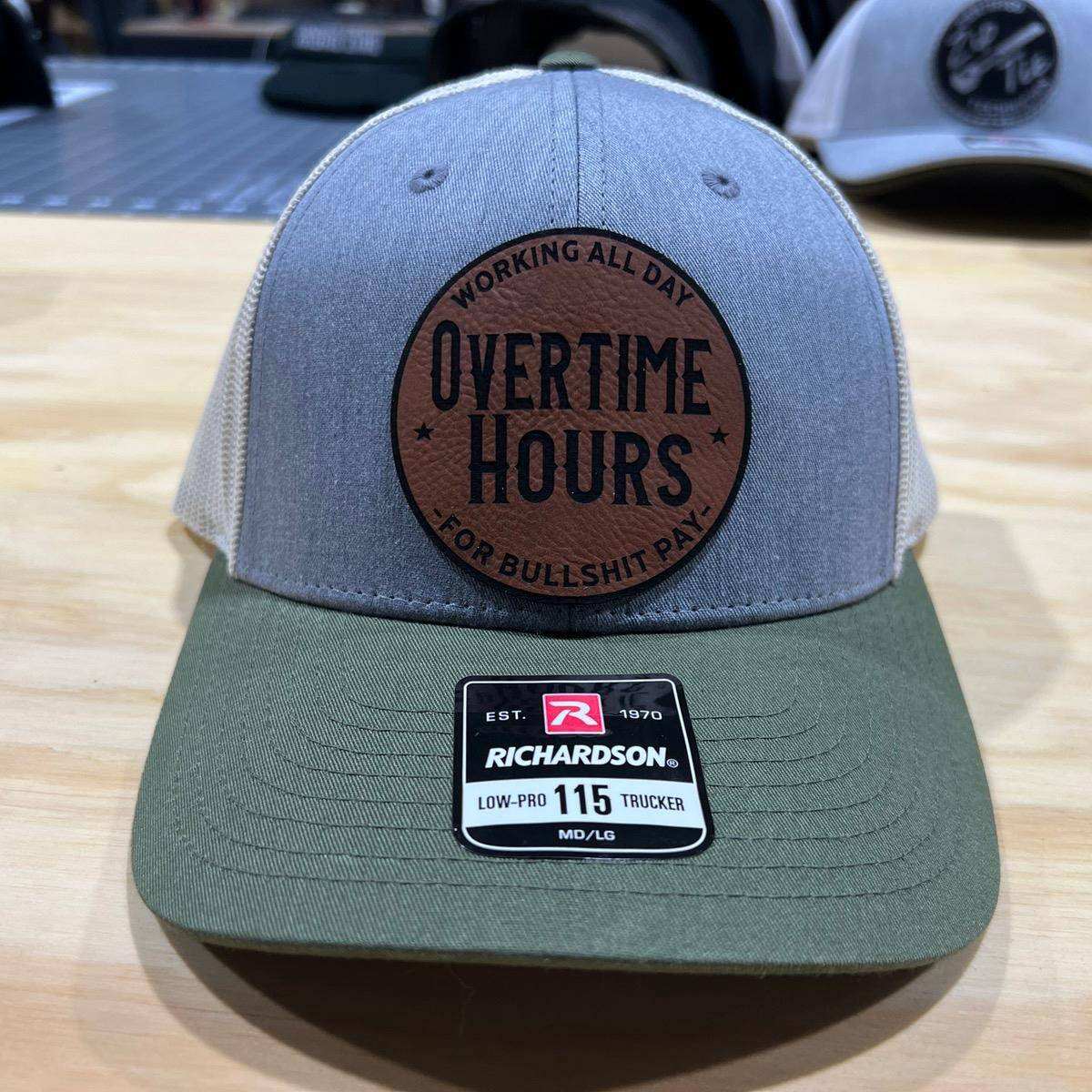 Overtime Hours Hat with Premium Patch on a Richardson 112 Trucker Hat - F5 Custom Designs