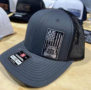 Trucker Leatherette Patch on a Richardson 112 Trucker Hat Baseball Cap Summer Winter / Charcoal/Black Hat with Black/Silver Patch - F5 Custom Designs
