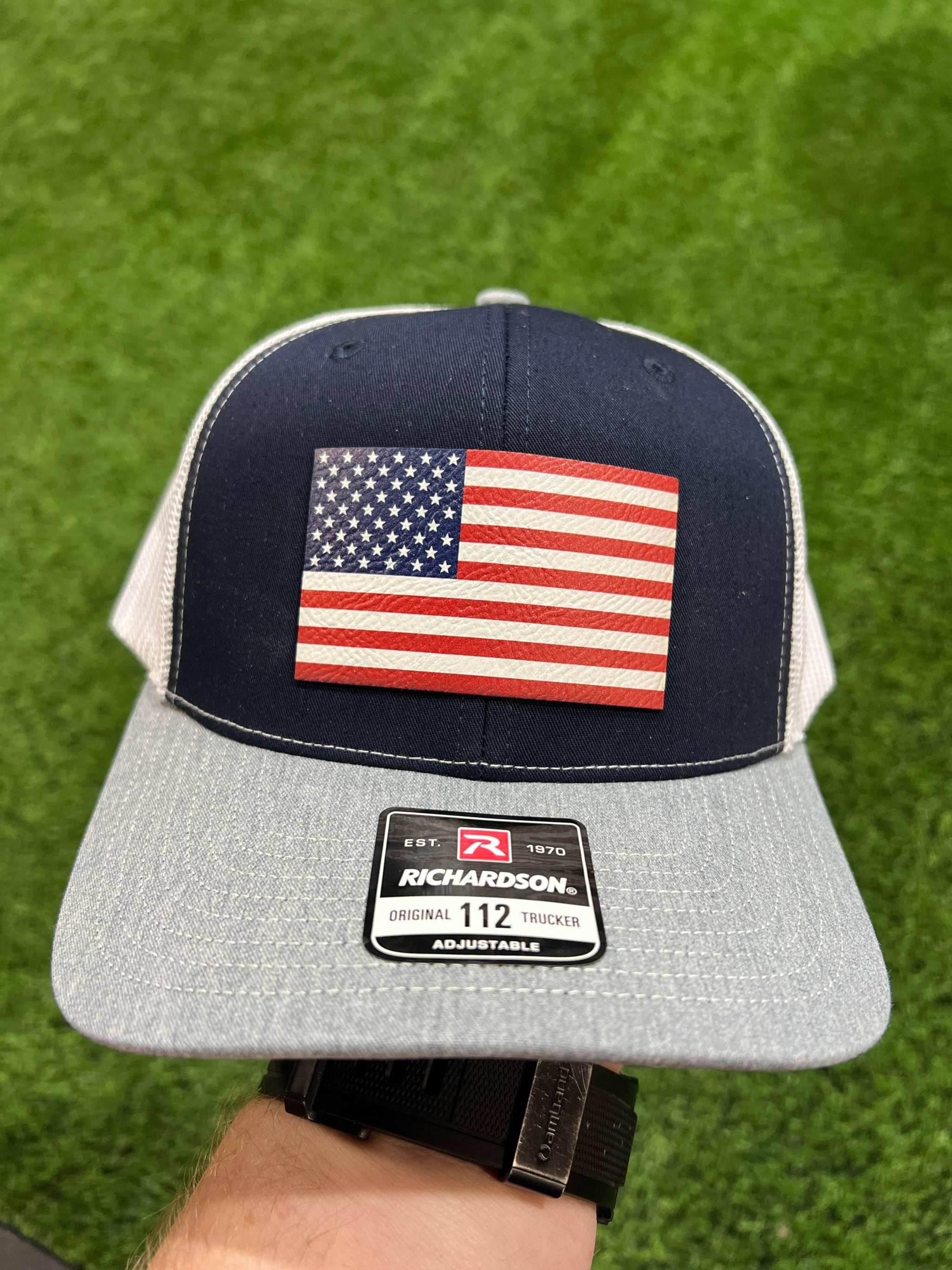 American Flag Hat UV Printed Premium Leatherette Patch on a Richardson 112 Trucker Hat. - F5 Custom Designs