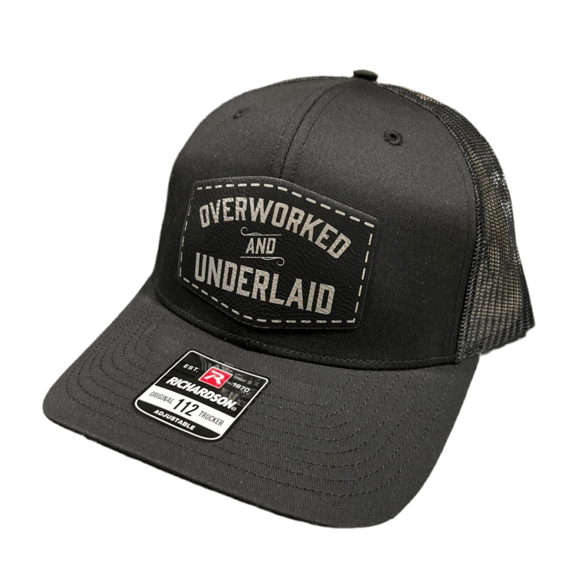 Overworked and Underlaid Patch Hat Richardson 112 Trucker cap with breathable cotton and leatherette patch design