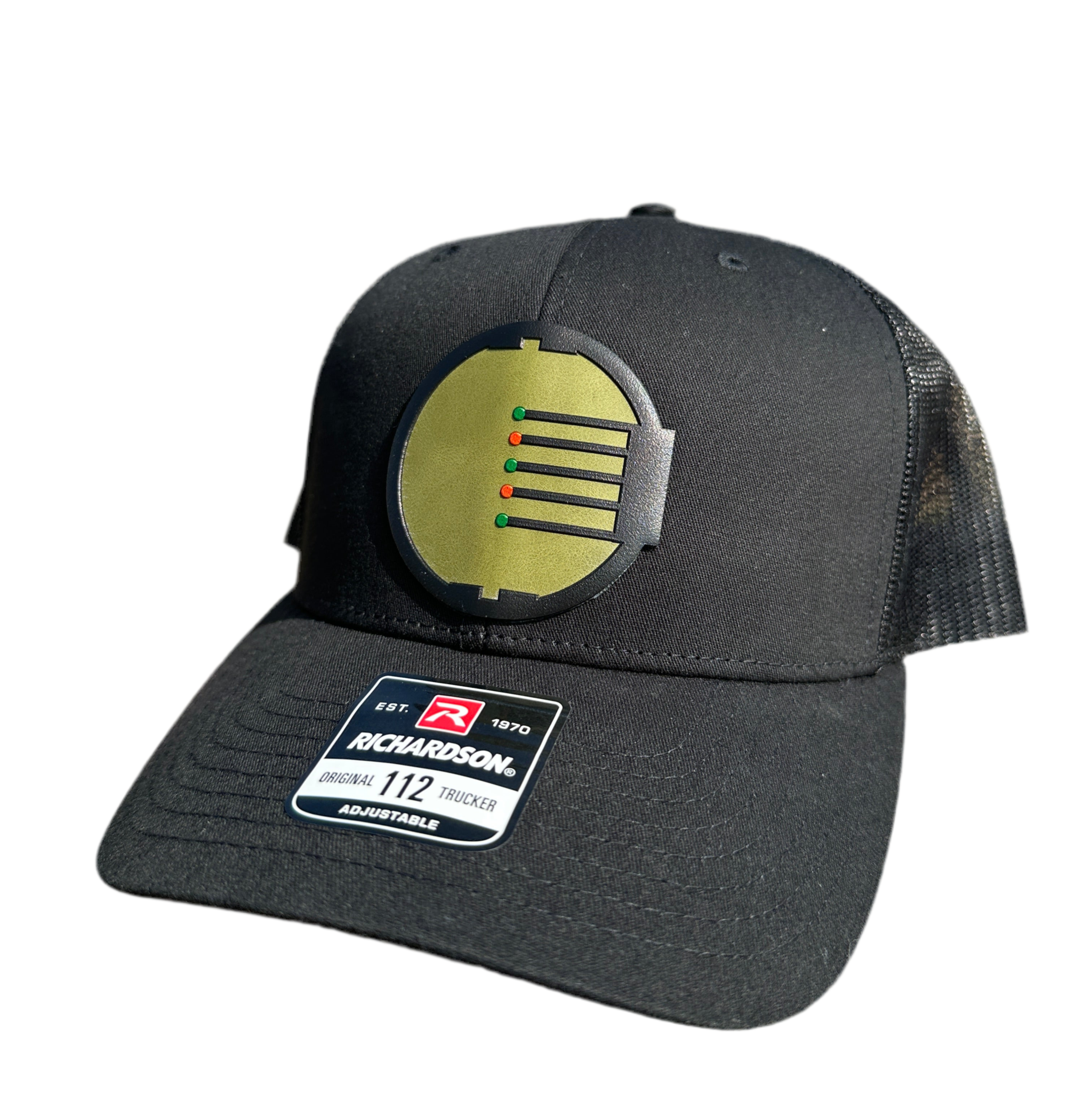 Bow Hunting Hat Black RIchardson Trucker Patch hat with a Bow Sight Logo
