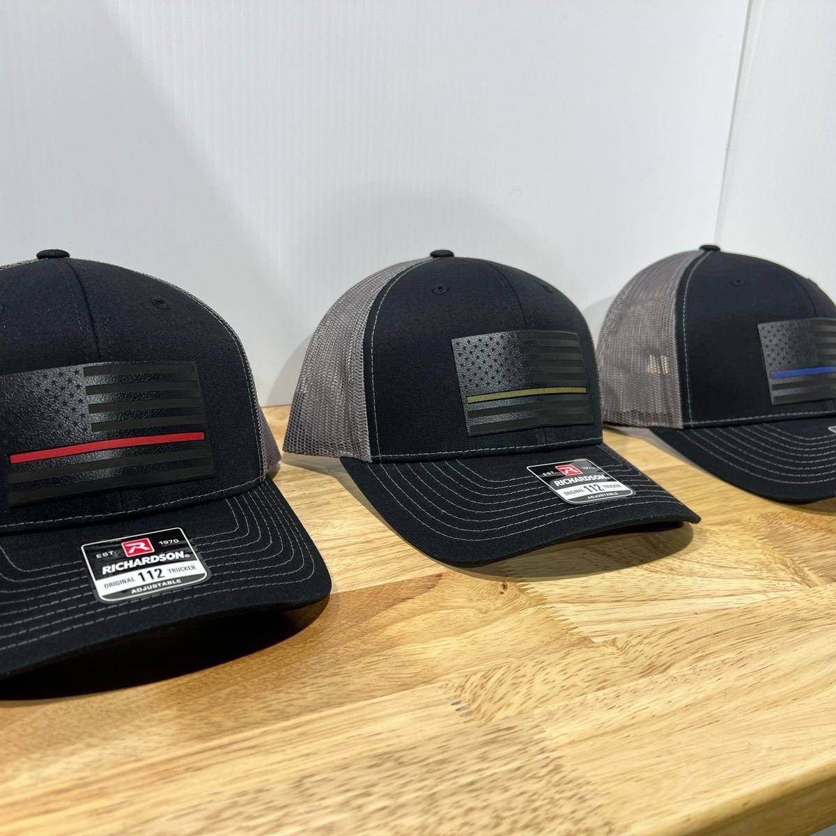 Thin Line Trucker Hats with Premium Leatherette on Richardson 112 - F5 Custom Designs