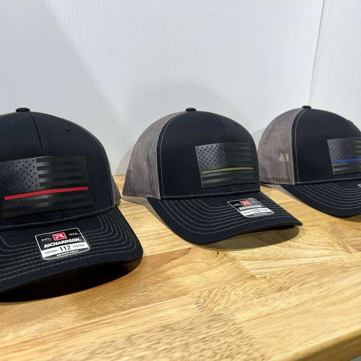 Thin Line Trucker Hats with Premium Leatherette on Richardson 112 - F5 Custom Designs