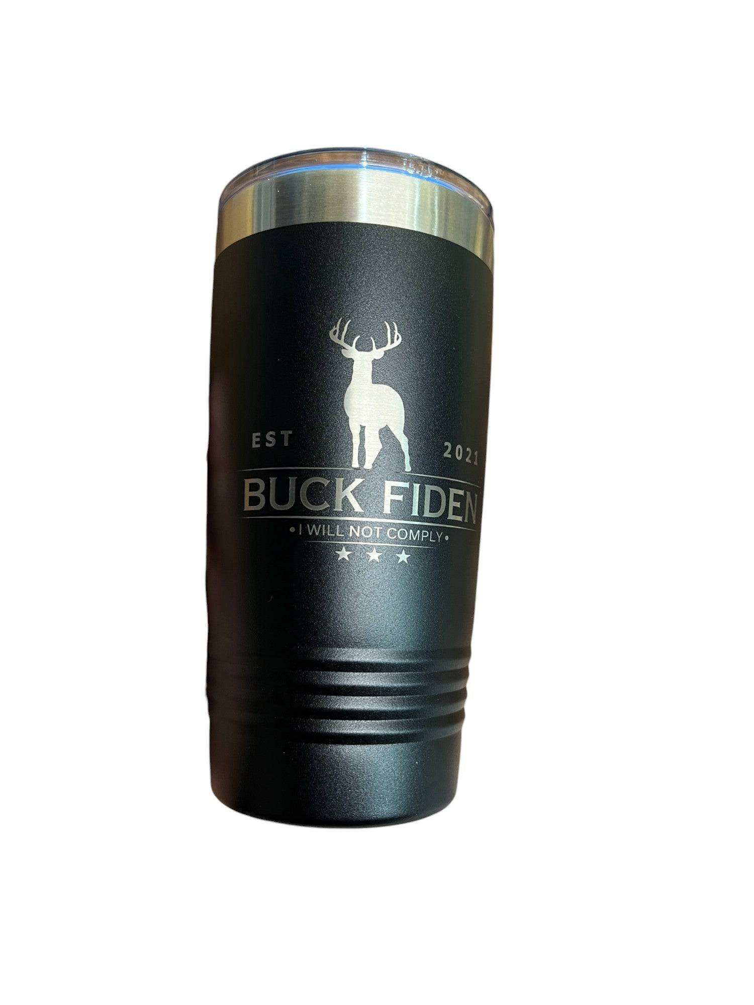 Buck Fiden 20 oz stainless steel tumbler with slider lid and custom engraving for hot and cold drinks