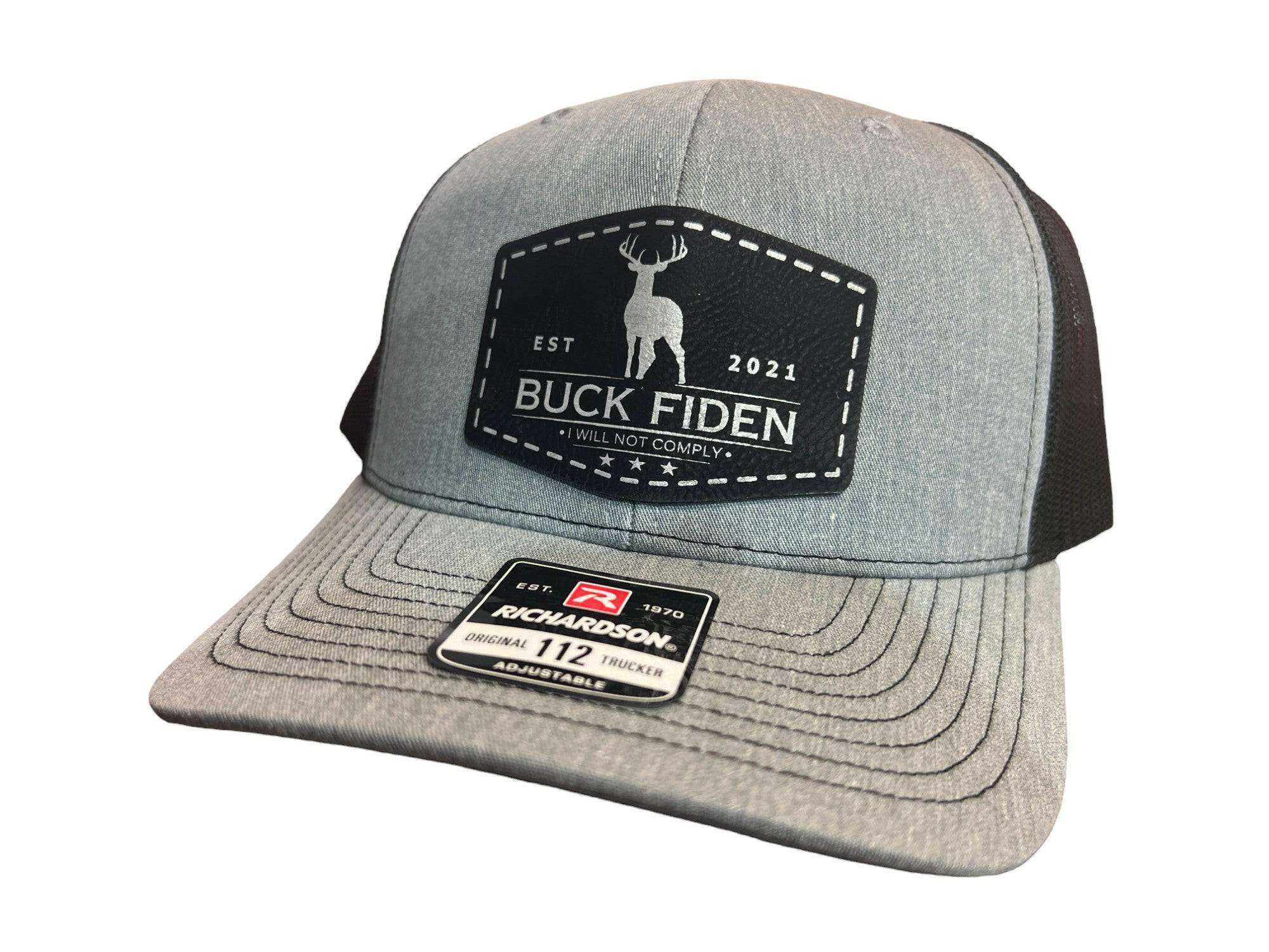 Buck Fiden Hat Richardson 112 black trucker hat with leatherette patch and adjustable snapback