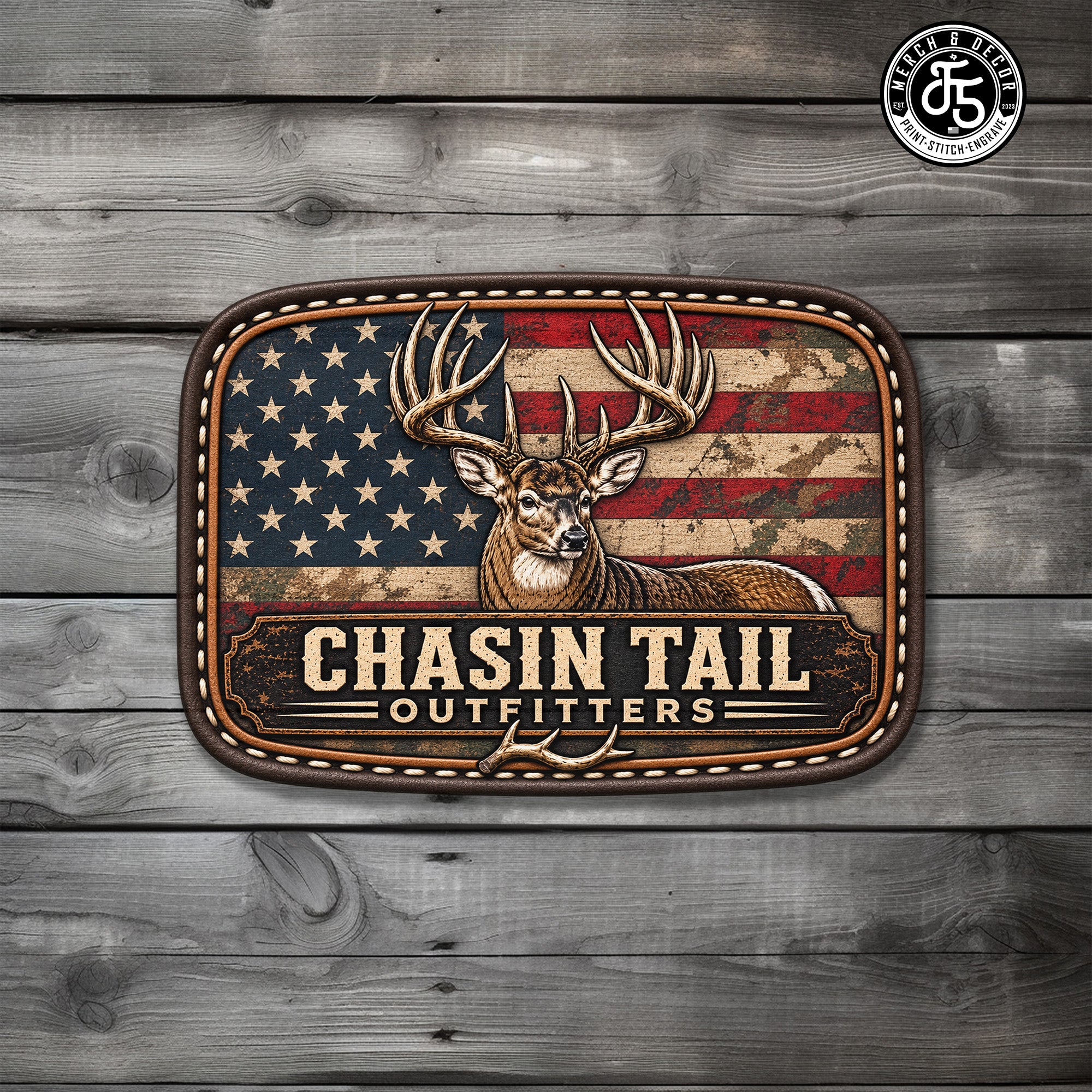 Custom UV printed leatherette hat patch featuring Chasin' Tail Outfitters whitetail deer design