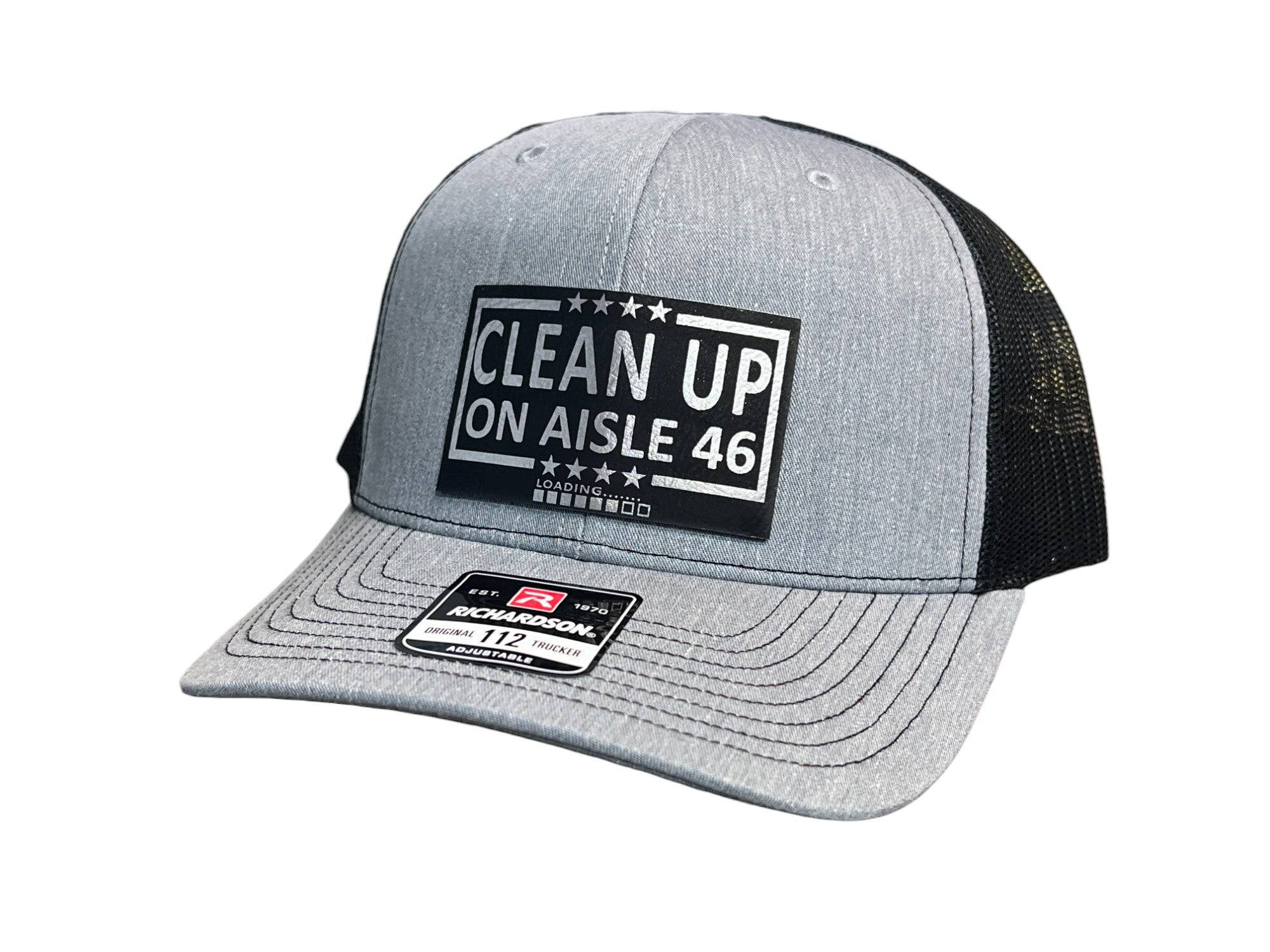 Cleanup On Aisle 46 Hat Premium Leatherette Patch on Richardson 112 Trucker Hat - F5 Custom Designs