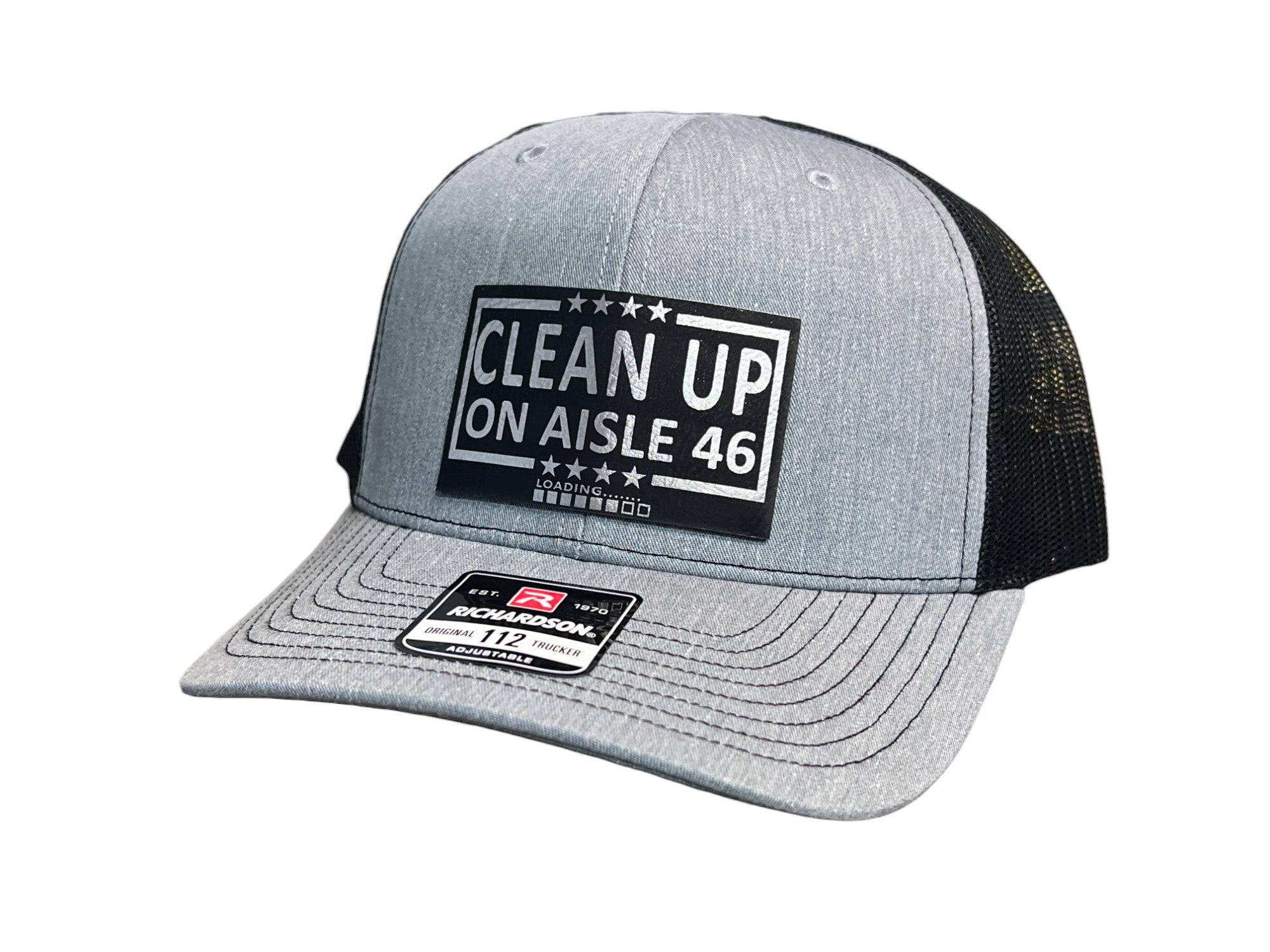 Cleanup On Aisle 46 Hat on Richardson 112 Trucker Hat with mesh back and adjustable snapback closure