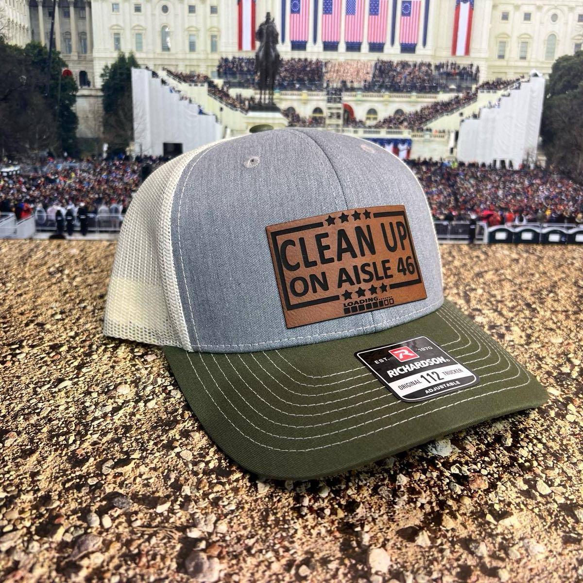 Cleanup On Aisle 46 Hat Premium Leatherette Patch on Richardson 112 Trucker Hat - F5 Custom Designs