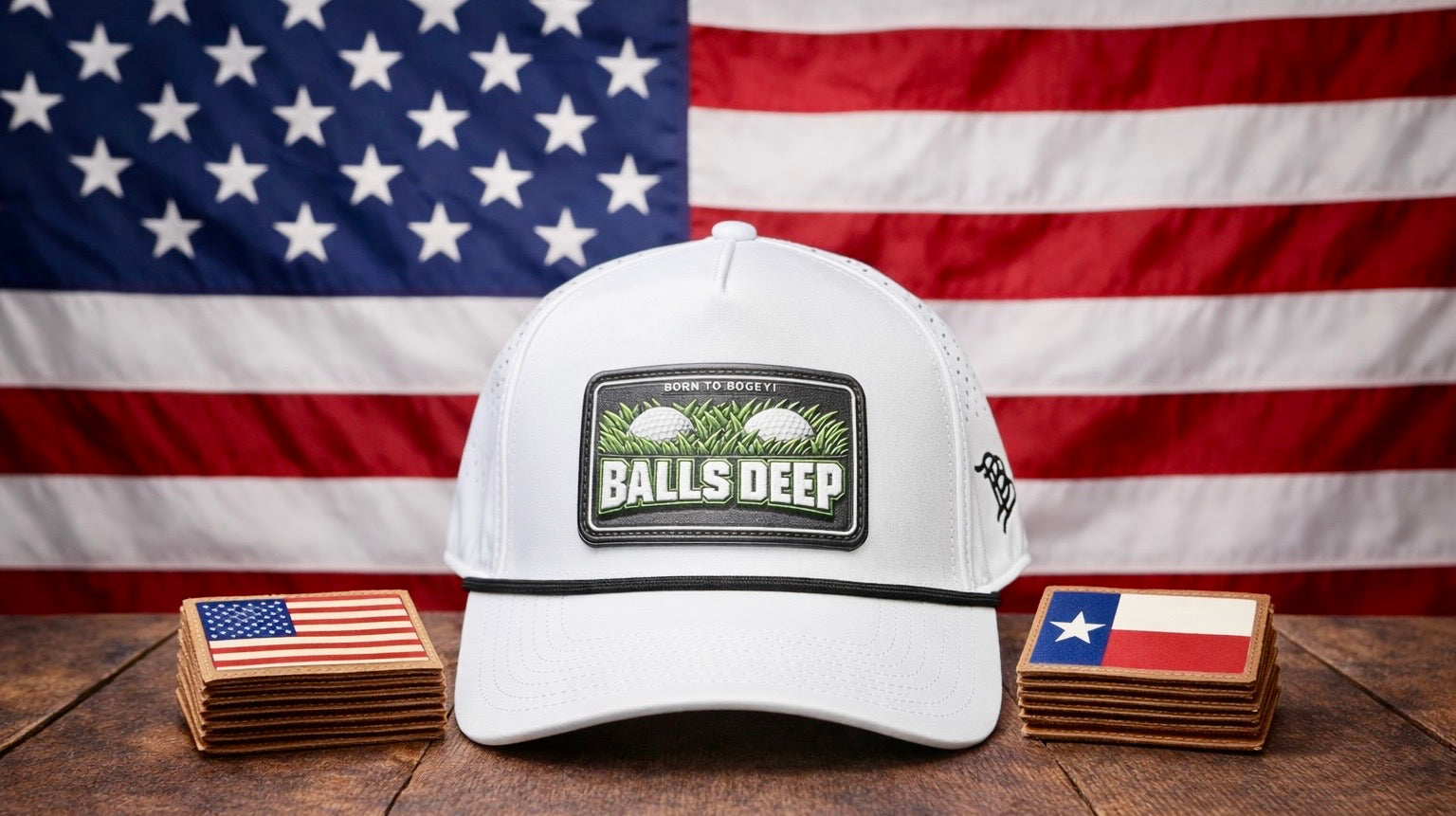 UV Printed Born to Bogey textured hat patch on leatherette background