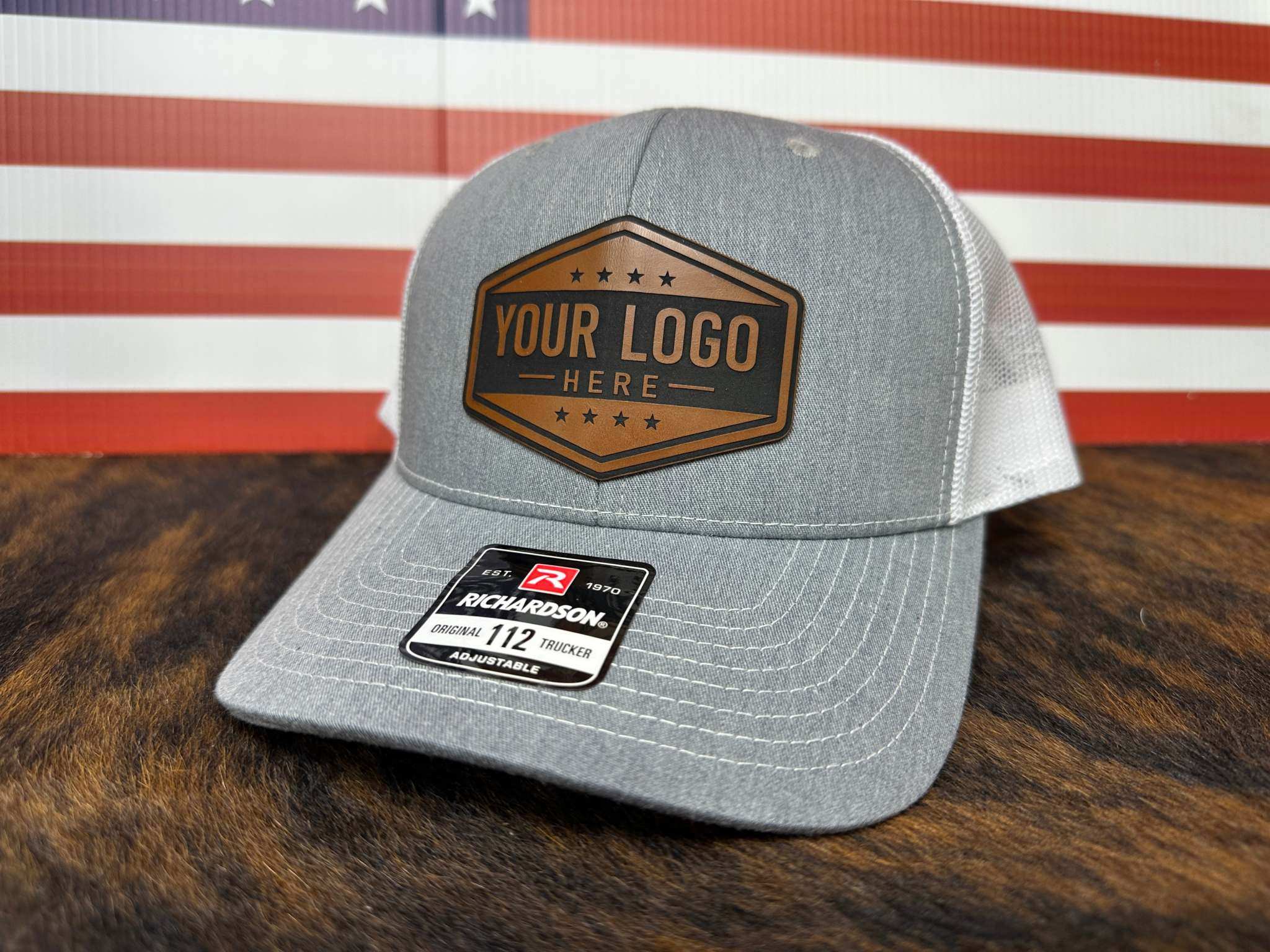Richardson 112 trucker hat with personalized laser engraved leather patch custom logo hat