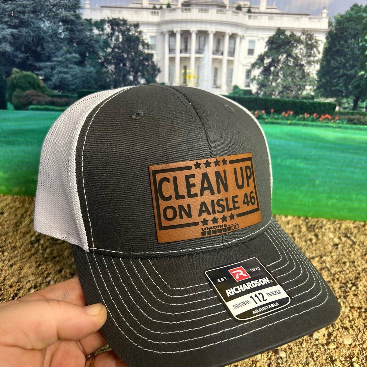 Cleanup On Aisle 46 Hat Premium Leatherette Patch on Richardson 112 Trucker Hat - F5 Custom Designs