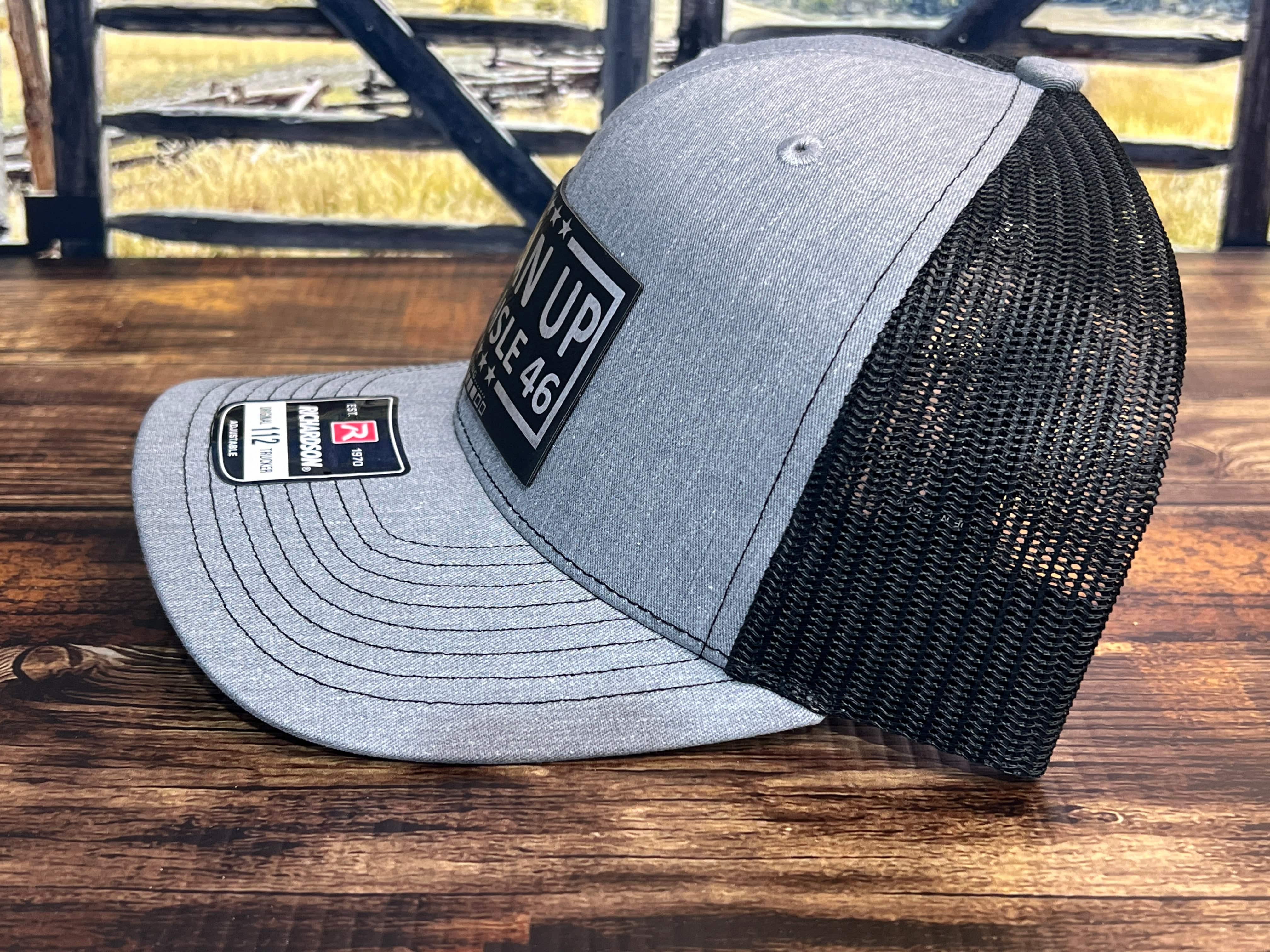 Cleanup On Aisle 46 Hat Premium Leatherette Patch on Richardson 112 Trucker Hat - F5 Custom Designs