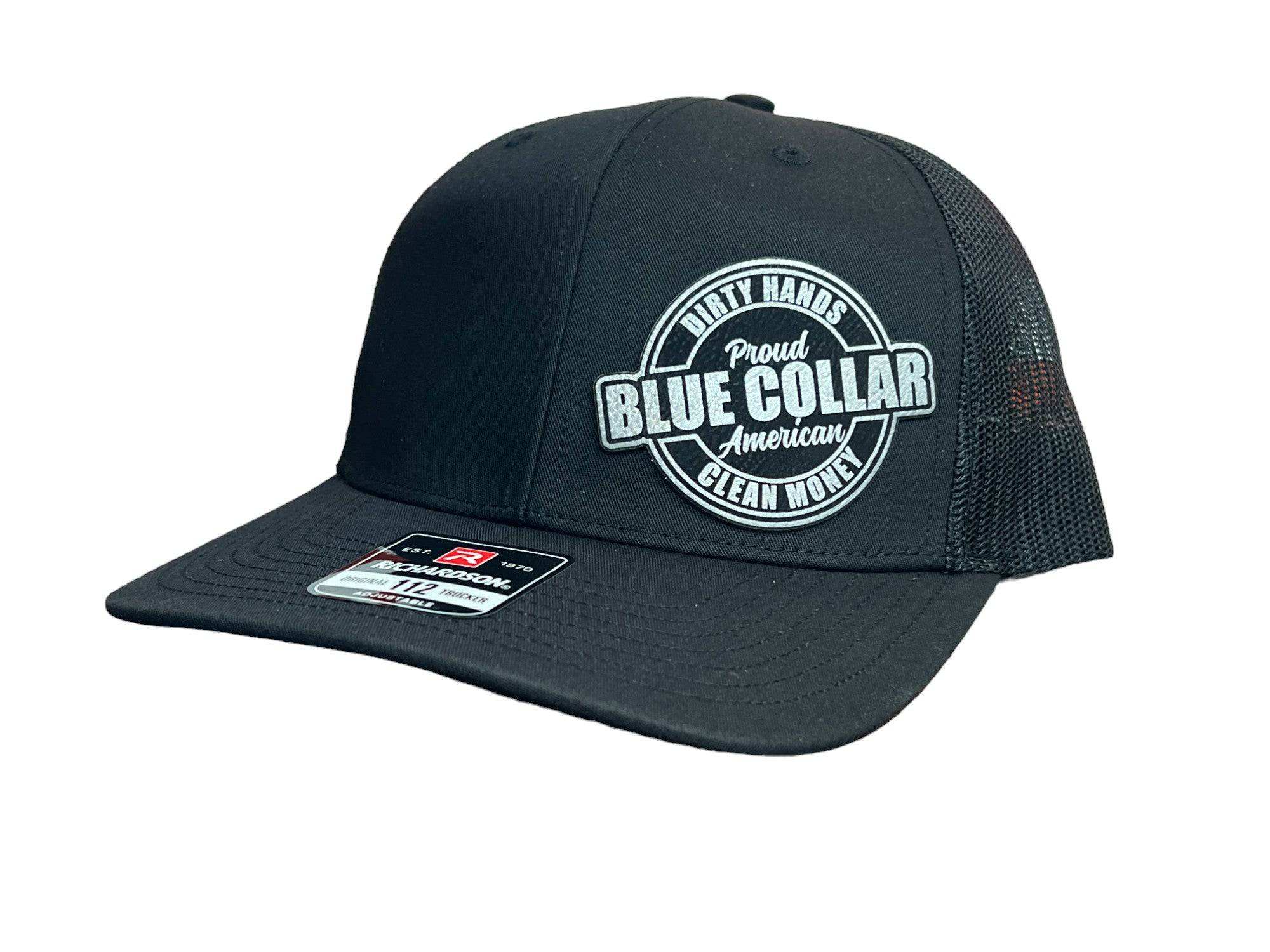 Proud Blue Collar American Hat with leatherette patch on Richardson 112 trucker cap