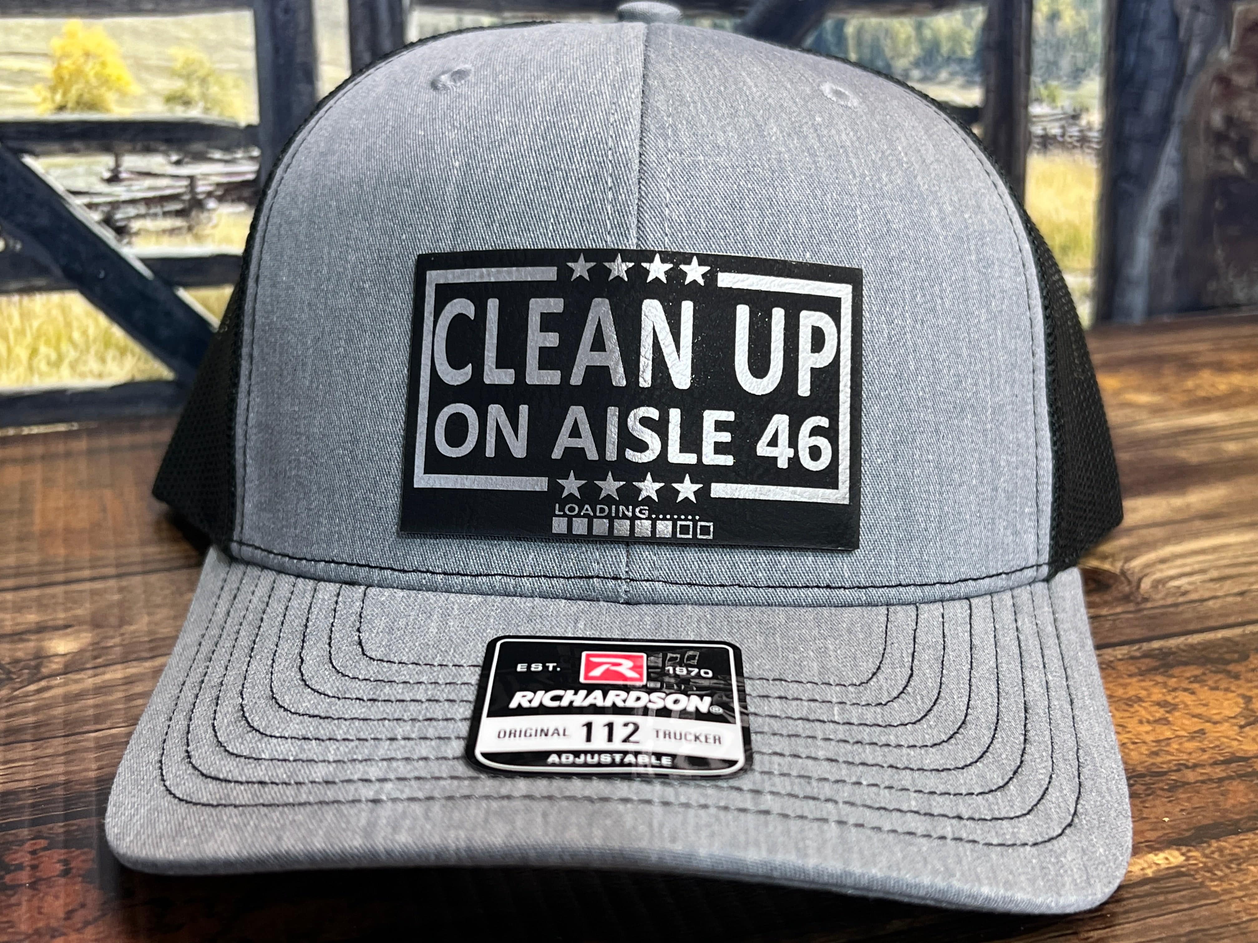 Cleanup On Aisle 46 Hat Premium Leatherette Patch on Richardson 112 Trucker Hat - F5 Custom Designs