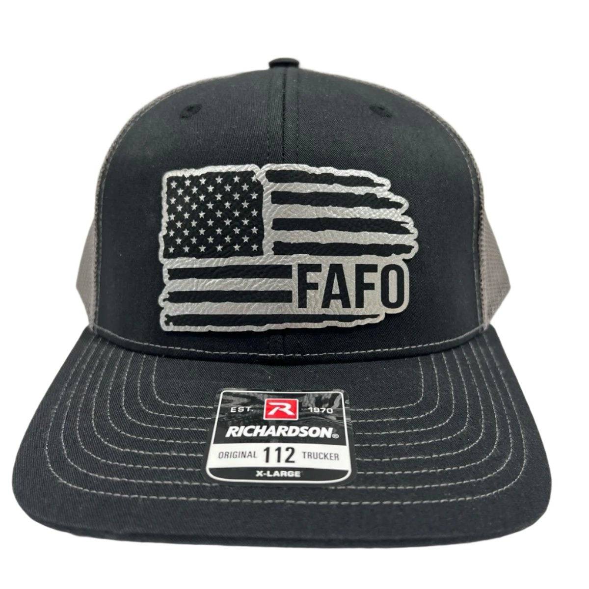 FAFO American Flag Hat Engraved Leatherette Patch on Richardson 112 Trucker Hat - F5 Custom Designs