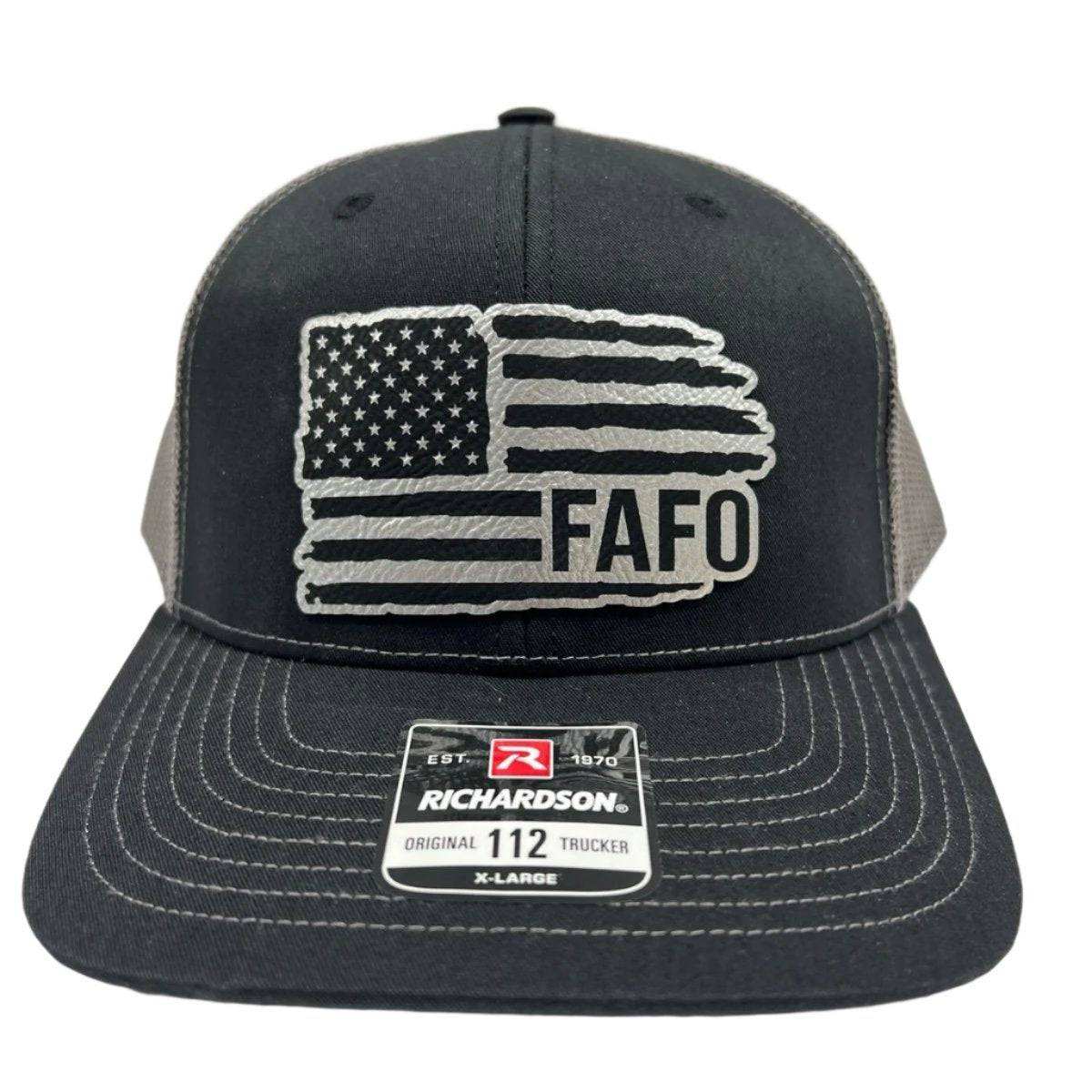 FAFO American Flag Hat with engraved leatherette patch on Richardson 112 trucker hat