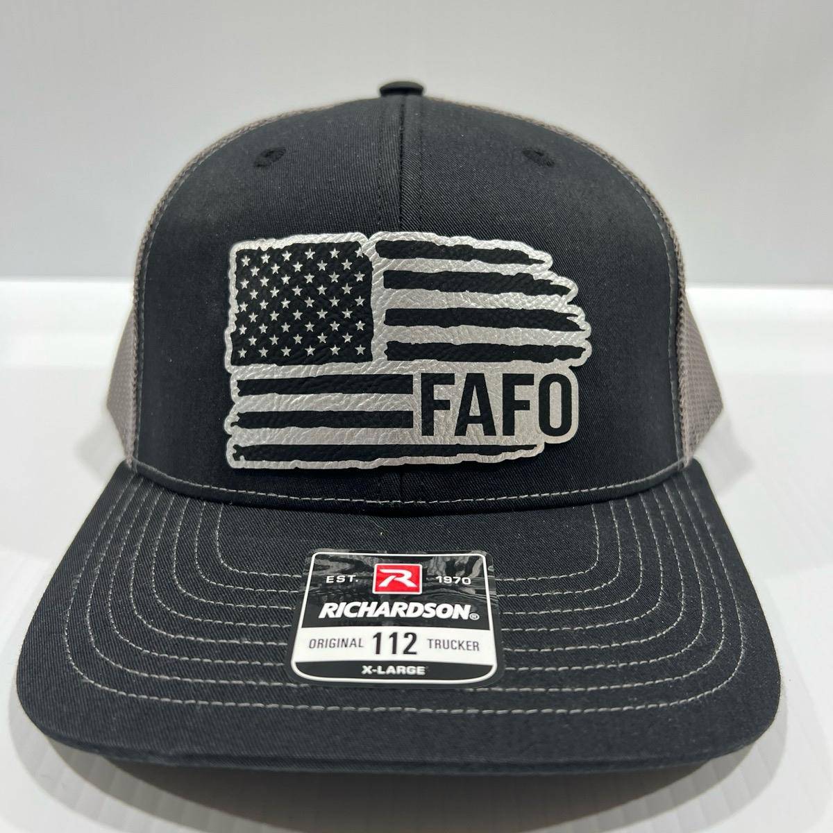 FAFO American Flag Hat Engraved Leatherette Patch on Richardson 112 Trucker Hat - F5 Custom Designs