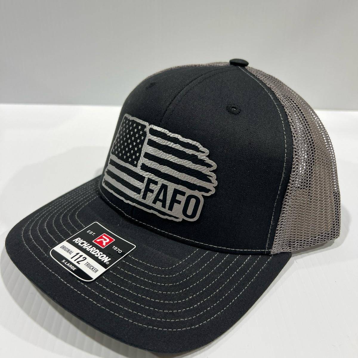 FAFO American Flag Hat Engraved Leatherette Patch on Richardson 112 Trucker Hat - F5 Custom Designs