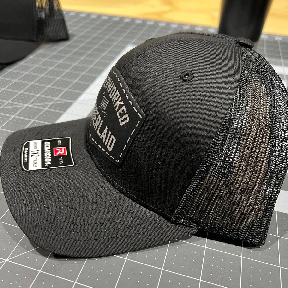 Overworked and Underlaid Patch Hat Richardson 112 Trucker hat with Snap Back - F5 Custom Designs