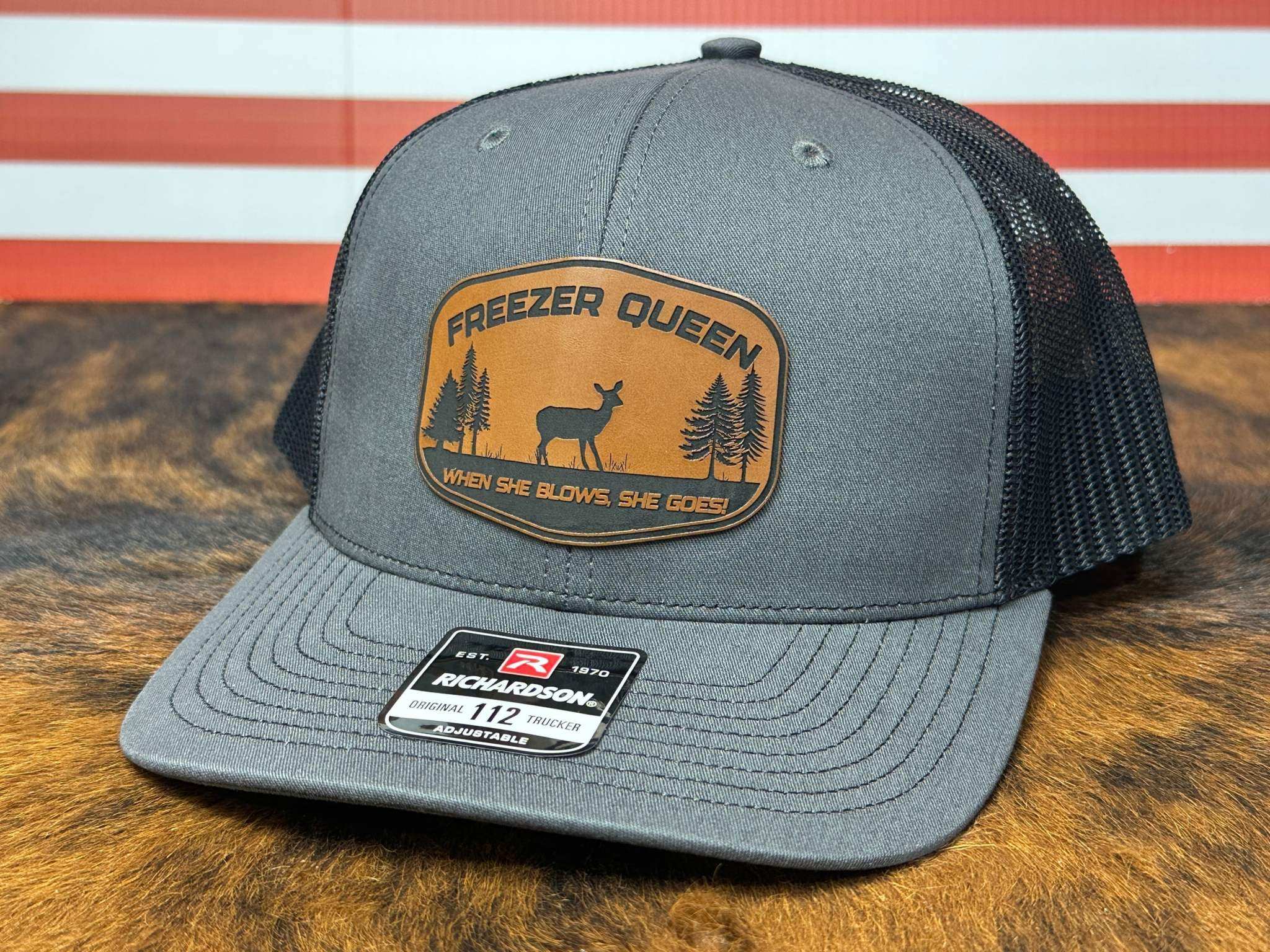 Freezer Queen Hat Richardson 112 snapback trucker with laser engraved leatherette patch