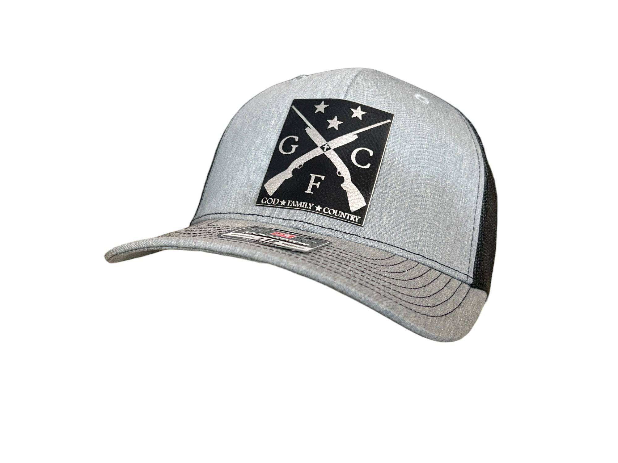 God Family Country Hat with laser engraved leatherette patch on Richardson 112 Trucker baseball cap