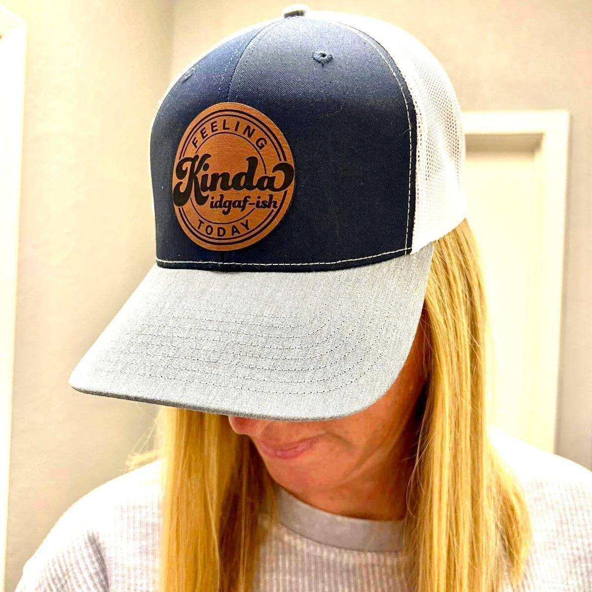 Feeling Kinda IDGAF-ish Today Hat with premium leatherette patch on Richardson 112 cotton baseball cap