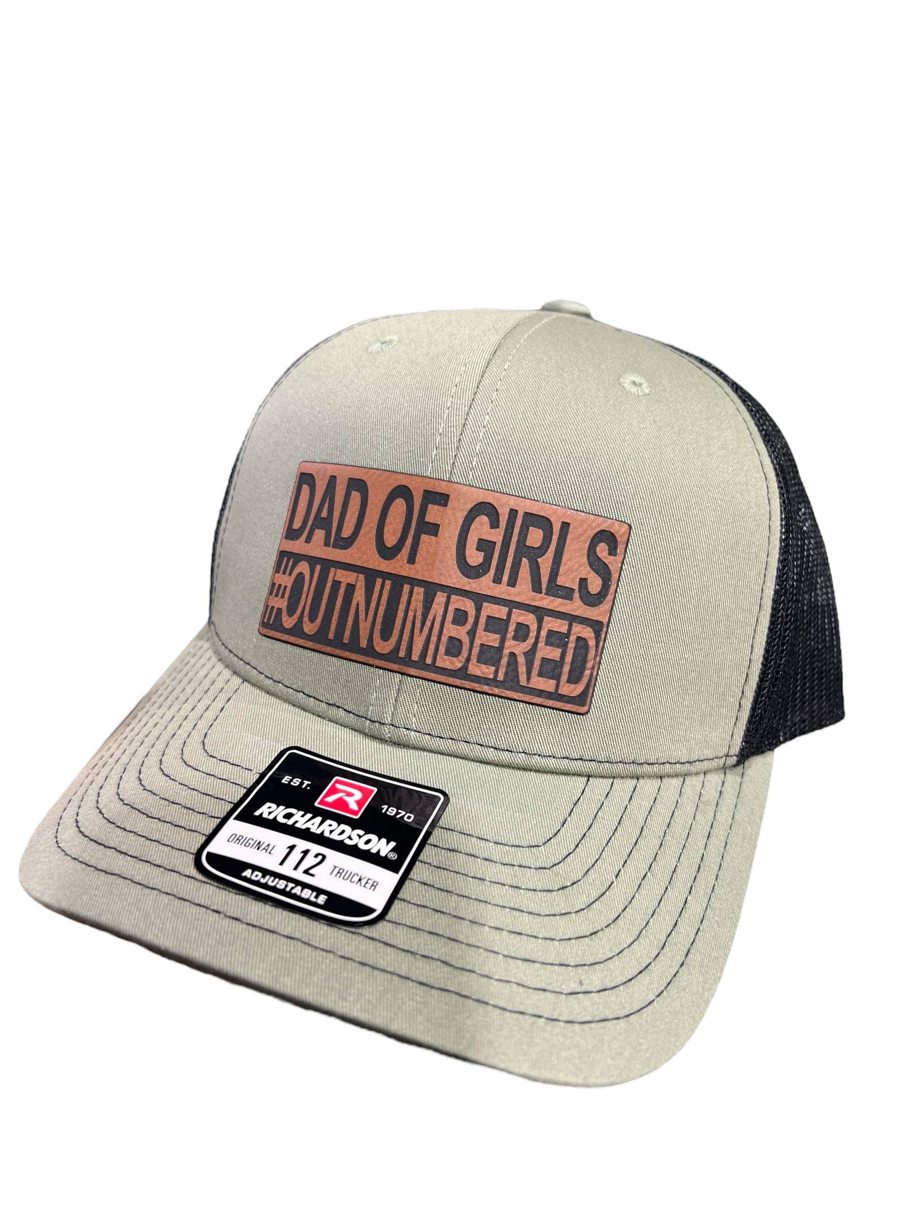 Dad of Girls OUTNUMBERED Leatherette Patch Hat is a Richardson 112 Trucker Hat with adjustable snapback. - F5 Custom Designs