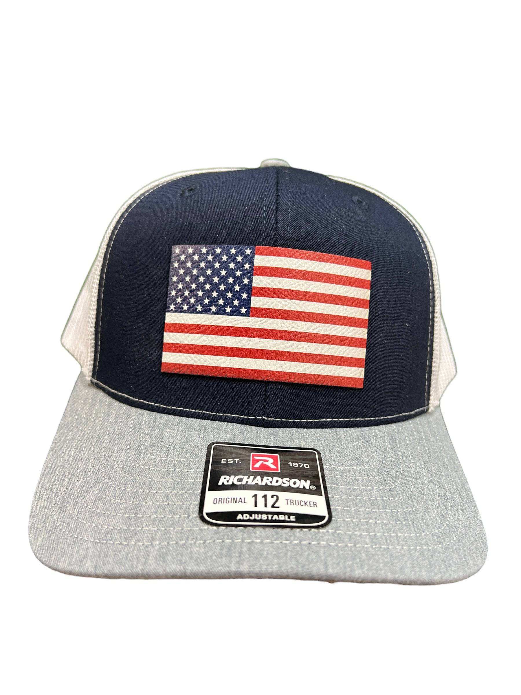 American Flag Hat UV Printed Premium Leatherette Patch on a Richardson 112 Trucker Hat. - F5 Custom Designs