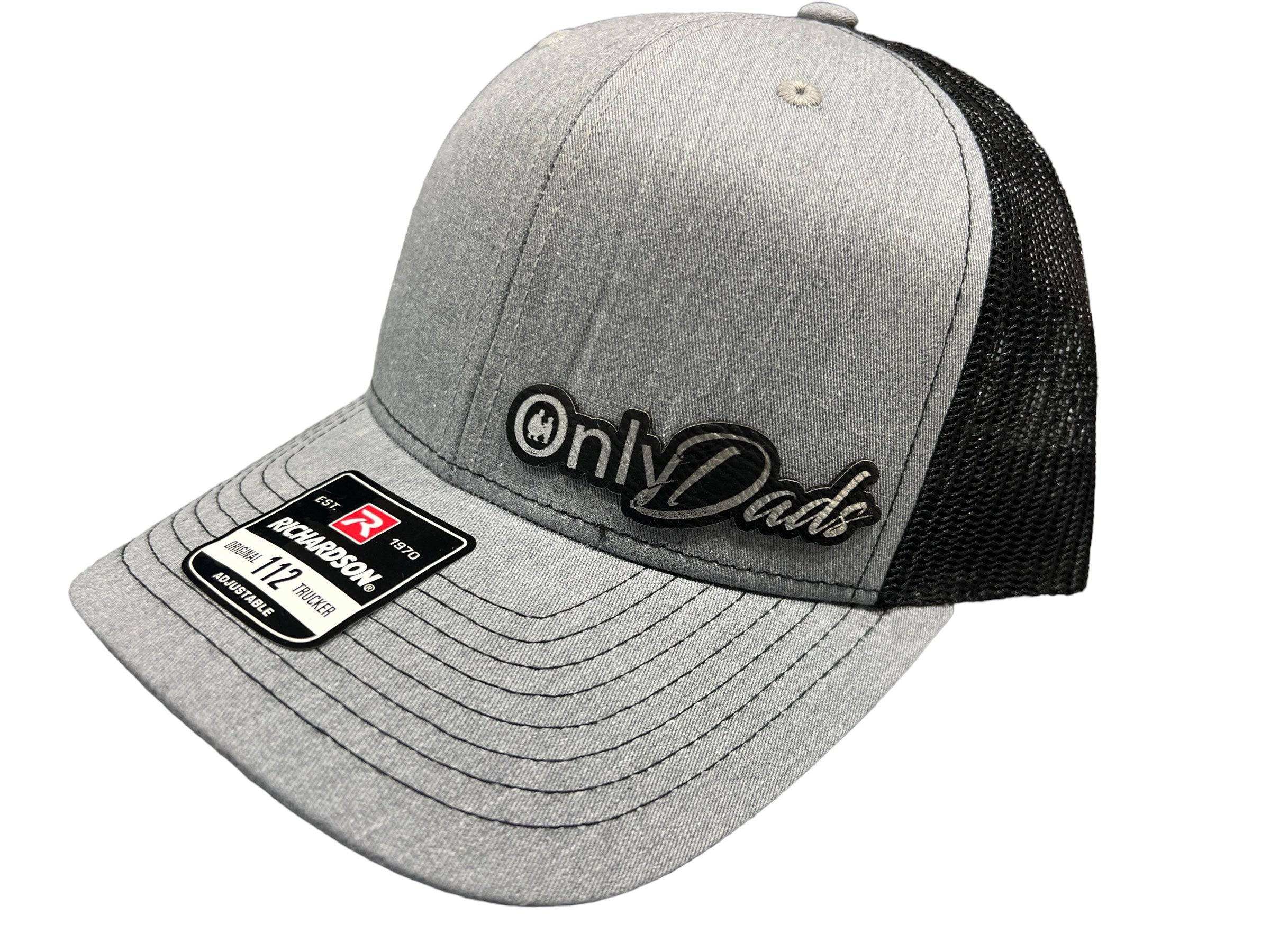 Richardson 112 trucker hat with laser engraved OnlyDads leatherette patch and adjustable snapback