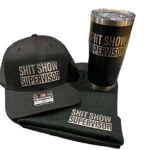 Hat, beanie, and tumbler bundle with Shit Show Supervisor design